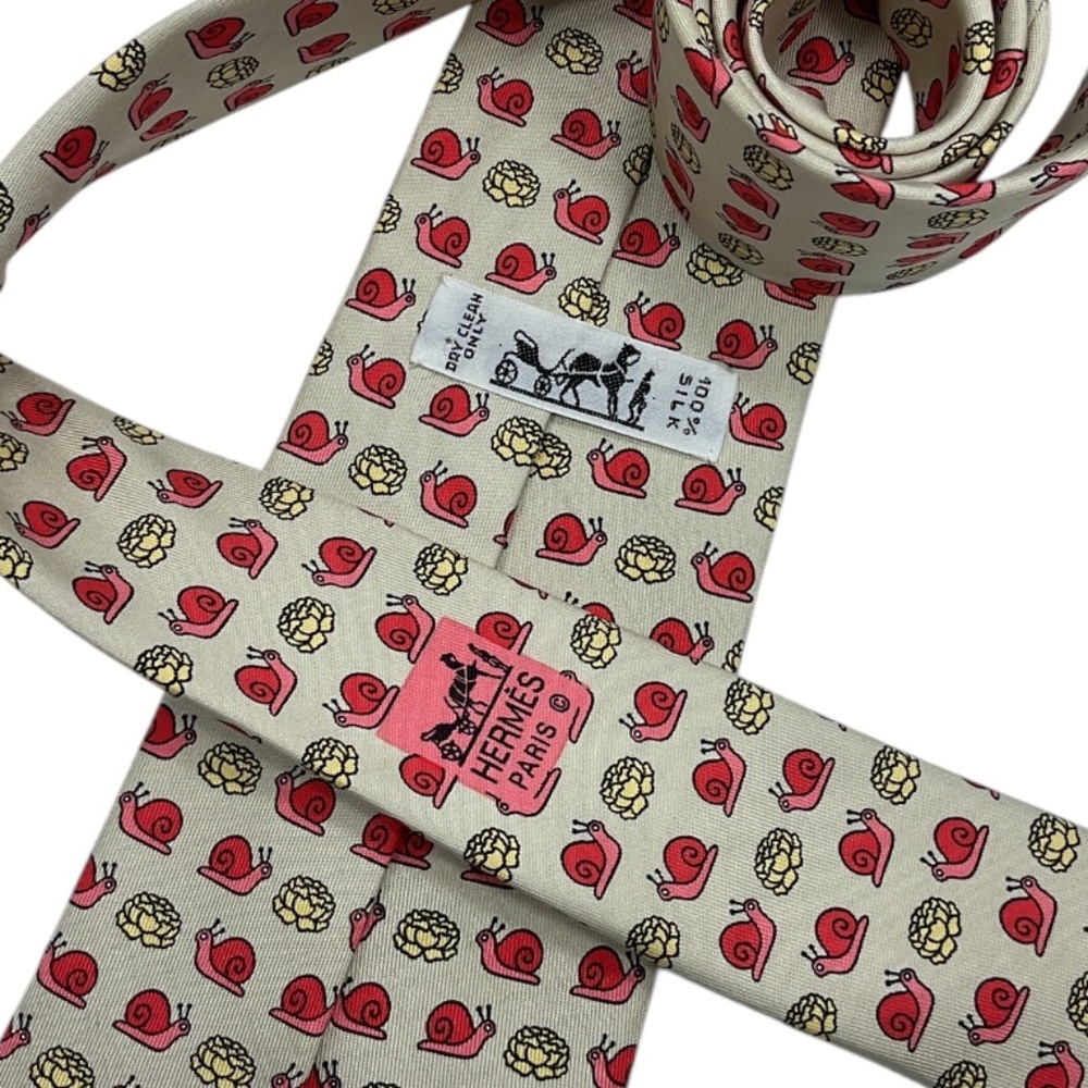 HERMÈS 7461 HA Ivory/Red Snail Lettuce Silk LUXURY Tie FRANCE - Picture 4 of 5